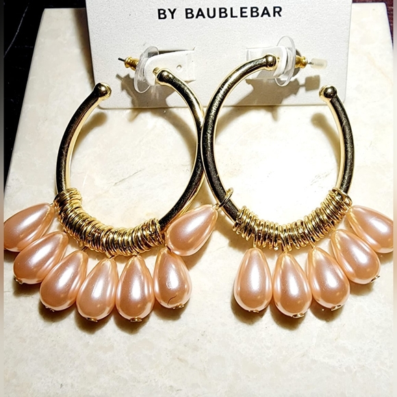 Sugarfix gold tone hoops with soft Pink dang teardrop beads earrings - Picture 2 of 3